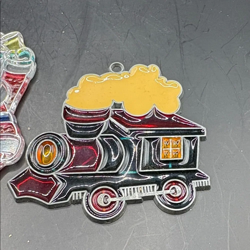Vintage Plastic Stained Glass Santa and Train Christmas Ornaments